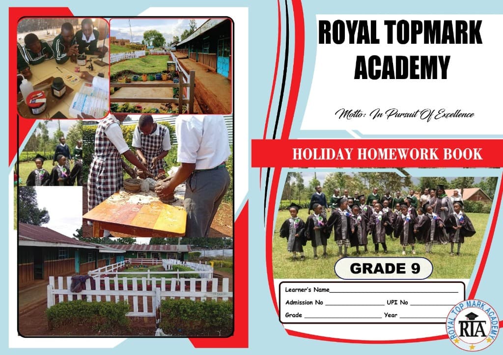 Royal Topmark Academy holiday homework book cover — lab learning, school grounds, and graduation